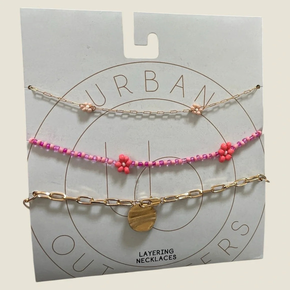 NWT Urban Outfitters Pink Floral Mimi Beaded Gold Layering Necklace Set - Picture 1 of 4
